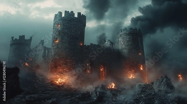 Fototapeta Ruined medieval castle besieged by fire under a dramatic cloudy sky