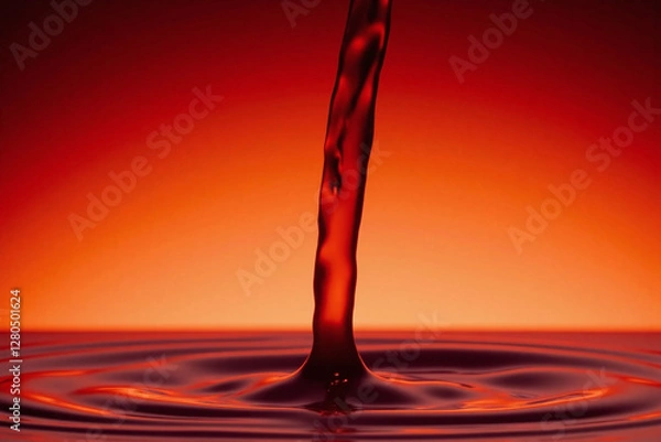 Fototapeta Liquid pouring into water creating rippled orange red bg