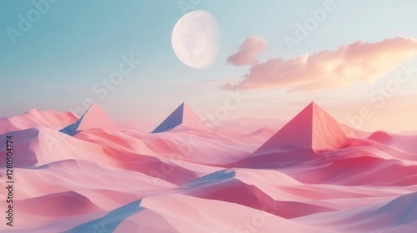 Fototapeta Serene Pink Desert Landscape with Pyramids and Full Moon