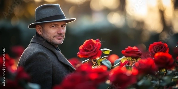 Obraz A man stands among vibrant red roses, exuding charm and elegance. The warm glow of sunset illuminates his face. This portrait captures romance and nature beautifully. AI