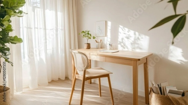 Fototapeta Bright and modern study room with a simple wooden desk,
