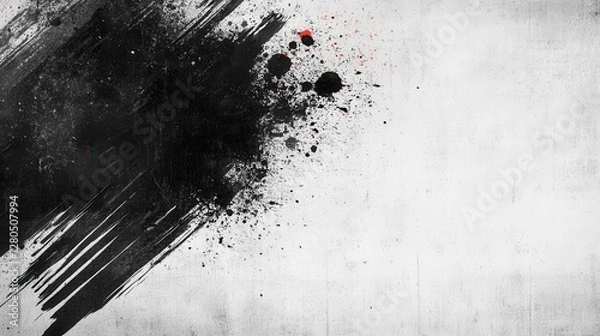 Fototapeta Abstract black ink splatter on white grunge background with red accents