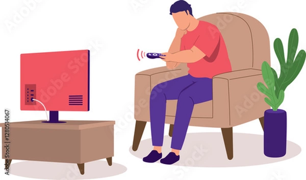 Fototapeta One Bored Man On Couch Sitting Alone In Front Of TV, Watching Television’s Show At Home While Switching Channels With Remote Control.