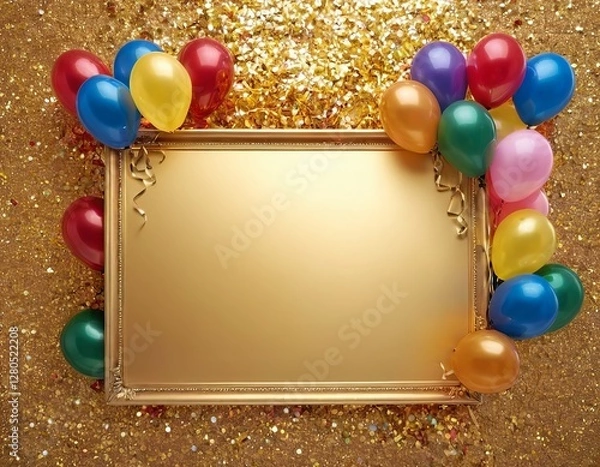 Fototapeta Colorful balloons frame an empty gold picture frame on a glittery background, perfect for celebrations.