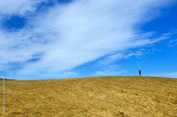 Obraz Small silhouette of a tourist standing on a grassy hill. Early spring trip.