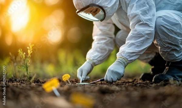 Obraz Scientist in Protective Suit Collecting Soil Samples for Environmental Research