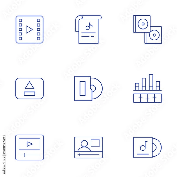 Fototapeta Multimedia icons set. Thin Line style, editable stroke. cd, equalizer, album, video, eject, video player, music sheet, vinyl
