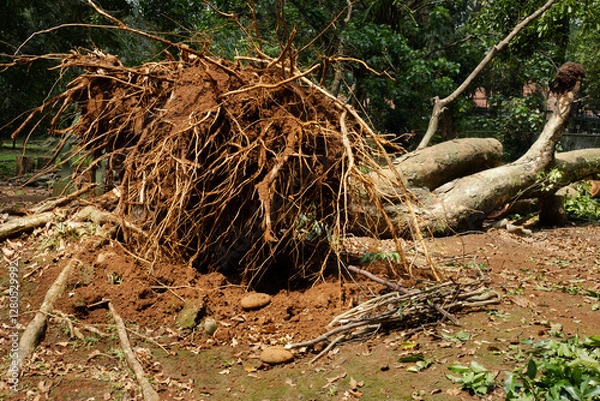 Fototapeta A massive fallen tree with its exposed roots uprooted from the ground, showcasing the power of nature and environmental change