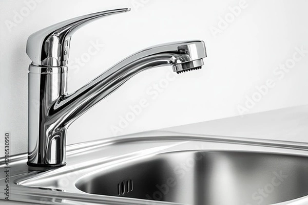 Fototapeta Modern chrome kitchen faucet design with sleek lines and polished finish, enhancing the aesthetic of any kitchen space, plumbing fixture concept
