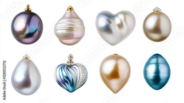 Fototapeta Elegant assortment of pearls in various shapes and colors with gold and diamond accents