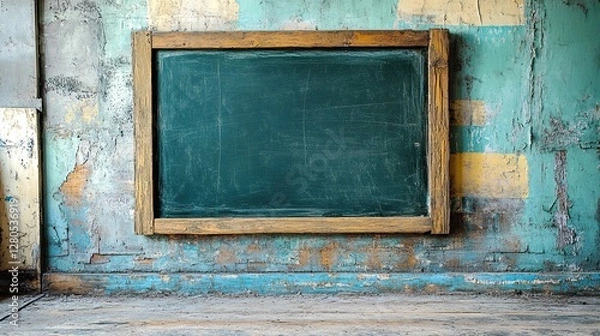 Fototapeta An old chalkboard set against a grungy wall, its surface worn with time and use, evoking a nostalgic and rustic feeling in the environment.