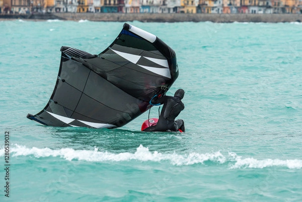 Fototapeta Wingfoil is a sport combining kitesurfing and windsurfing. Moment of getting into the water and raising the sail. Wing foil is a dynamically developing sport for everyone