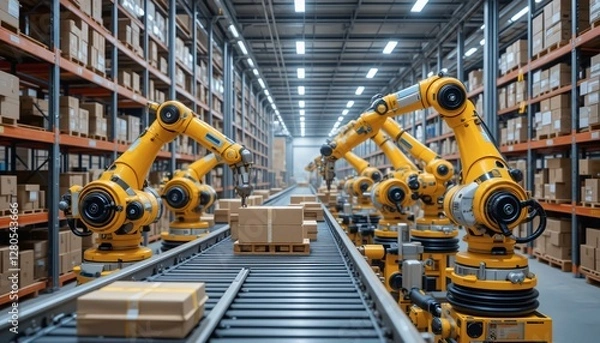 Fototapeta Automated robotics sorting packages warehouse industrial process high-tech environment close-up view