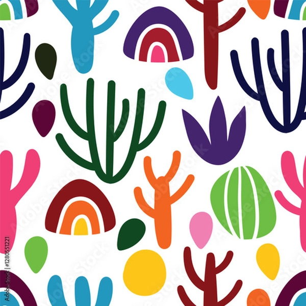 Fototapeta Vector Seamless Desert Pattern with Bright Cactuses. Mexican Naive Style
