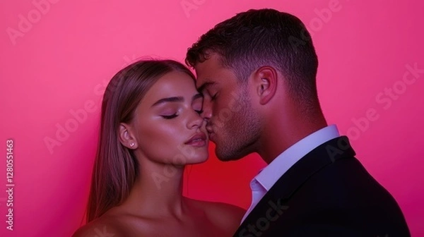 Obraz Romantic couple sharing an intimate moment against a vibrant pink background during a nighttime setting