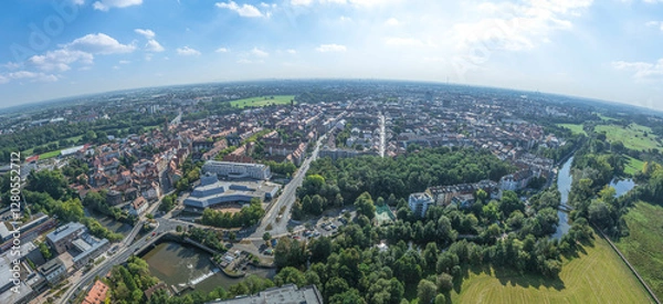 Fototapeta Die mittelfränkische Großstadt Fürth rund um die Flutbrücke an der Rednitz von oben