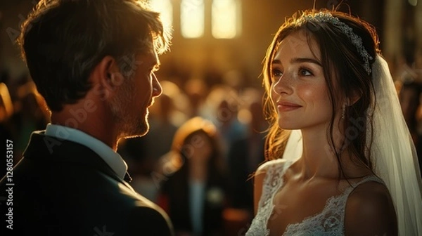 Obraz Couple exchanges vows during a romantic wedding ceremony in a sunlit church setting filled with guests