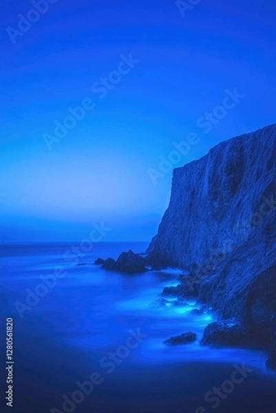 Fototapeta Calm ocean waves gently lap against dramatic blue cliff under tw