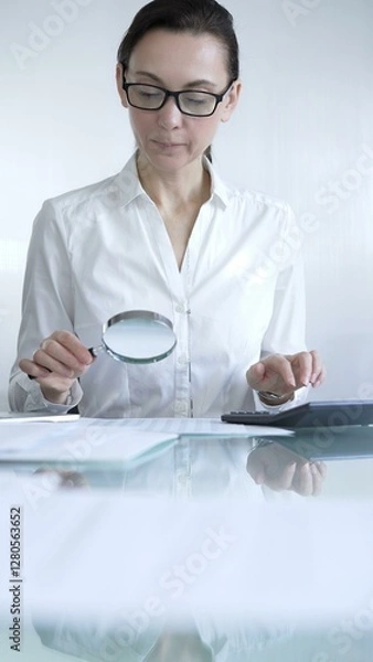 Fototapeta Businesswoman or accountant, wearing white casual shirt and glasses, is using magnifying glass and calculator to analyze financial documents in office setting. Audit and taxes in business