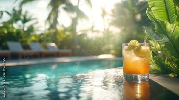 Fototapeta Alcohol consumption at a relaxed poolside bar with cocktails and tropical plants. Featuring leisure and enjoyment