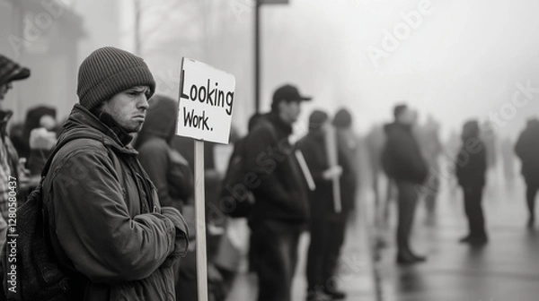 Fototapeta A long line of unemployed workers standing outside a government job office, some holding signs that read "Looking for Work."