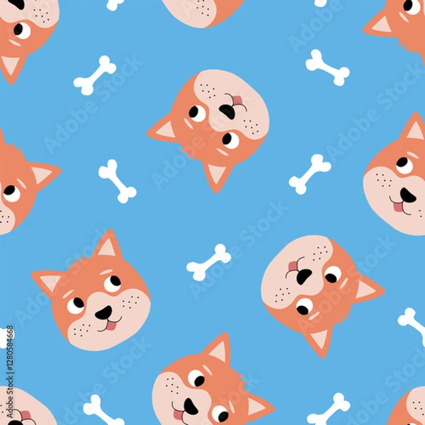 Obraz Funny shiba inu dog and bones hand drawn vector illustration. Funny animal character seamless pattern for kids fabric or wallpaper