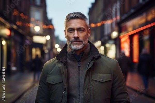 Fototapeta Portrait of a handsome middle-aged man with a beard in the city at night.