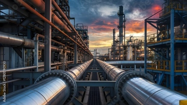 Obraz Industrial Landscape: A striking view of an industrial plant, featuring pipelines and equipment, set against a dramatic sunset sky.