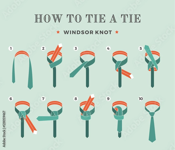 Obraz Instructions on how to tie a tie on the turquoise background of the eight steps. Windsor knot . Vector Illustration.
