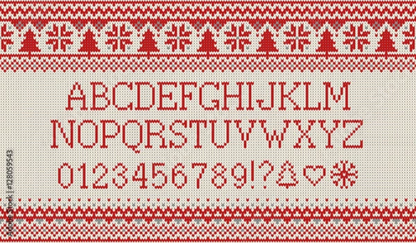 Obraz Czcionka świąteczna. Dzianinowy alfabet łaciński na bezszwowym dzianym wzorze z płatkami śniegu i jodłą. Nordic Fair Isle Knitting, projekt swetra na zimowe wakacje. Ilustracji wektorowych.