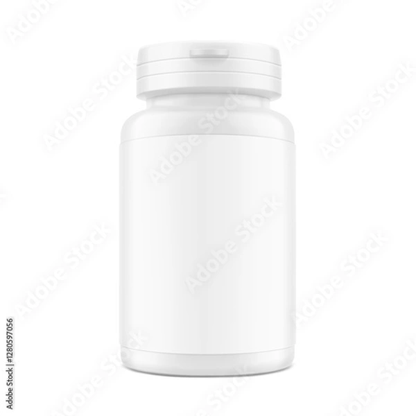 Fototapeta White plastic bottle container with snap-hinge cap. Vector illustration isolated on white background. Front view. Mockup perfect show your product with tamper evident push-on hinged cap. EPS10.