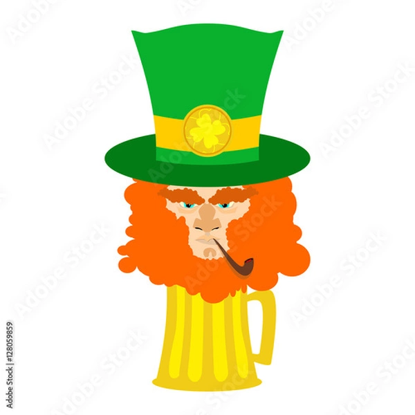 Fototapeta Leprechaun with red beard and beer. St. Patricks Day character.