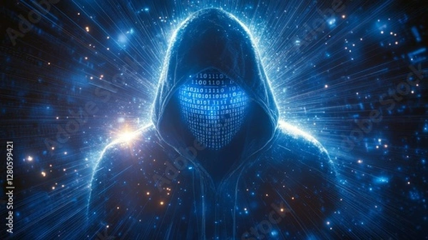 Fototapeta Cyber Hacker in Hoodie, Digital Glowing Code, Futuristic Dark Hooded Figure, Binary Code Background