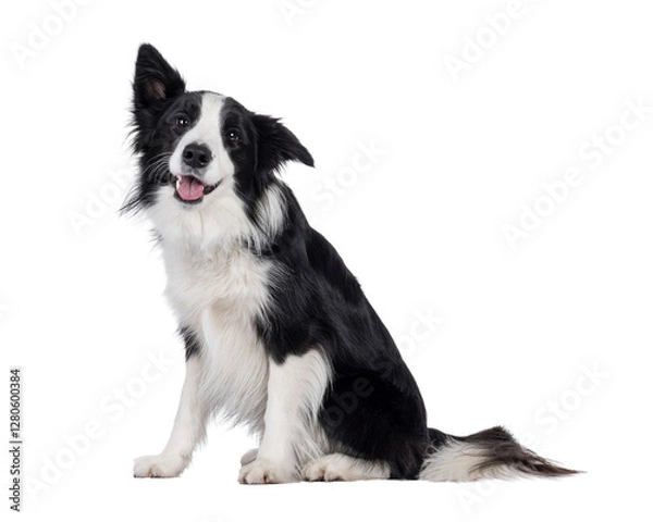 Obraz Charismatic typical black and white young adult Border Collie dog, sitting up side ways. Looking happy straight to camera with mouth open panting. Isolated cutout on a transparent background