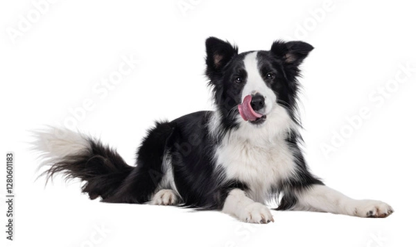 Obraz Charismatic typical black and white young adult Border Collie dog, laying down side ways. Looking straight to camera while licking mouth. Isolated cutout on a transparent background
