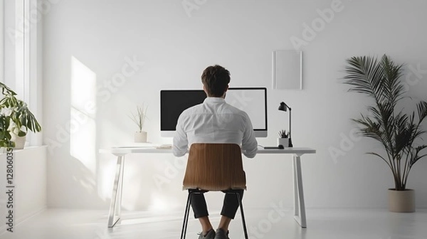 Fototapeta Professional at desk in contemporary digital workspace with bright light