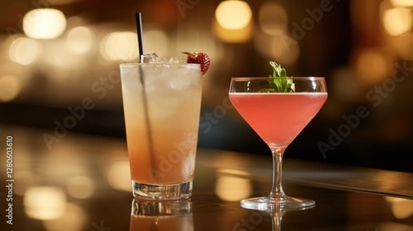 Fototapeta Alcohol consumption at a stylish lounge with cocktails and plush seating. Featuring sophistication and style