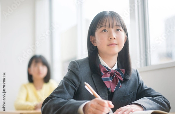 Obraz 授業を受ける制服を着た女子中学生。