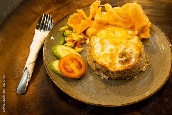 Obraz A plate of fried rice with a fried egg on top, served on an elegant plate with a spoon and fork, placed on a wooden table for a warm and inviting dining presentation