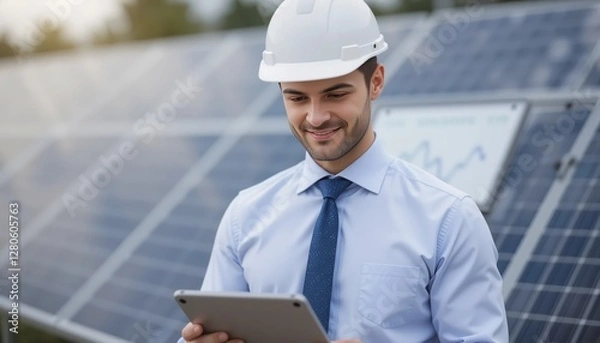 Fototapeta A solar energy expert, wearing a helmet and business attire, analyzes data on a tablet while standing amidst solar panels under a clear sky