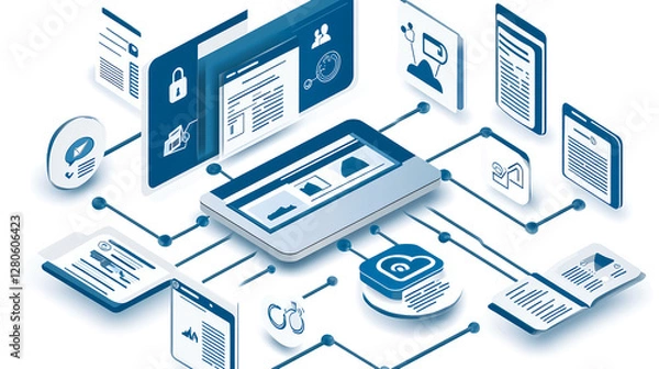 Obraz Digital data management strategies modern office infographic technology aerial view efficiency and innovation