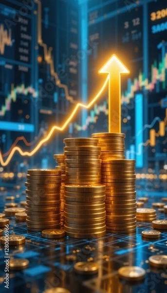 Fototapeta Golden coins stack high as a vibrant arrow points upwards, reflecting a surge in wealth and investment in a bustling, data-driven financial environment