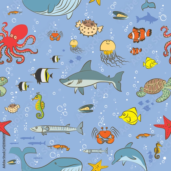 Fototapeta Seamless pattern sea life animals painted by hand as a simple child's drawing on a blue background