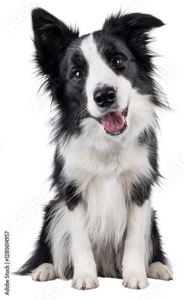 Fototapeta Charismatic typical black and white young adult Border Collie dog, sitting up facing front. Looking straight to camera with mouth open. Isolated cutout on a transparent background