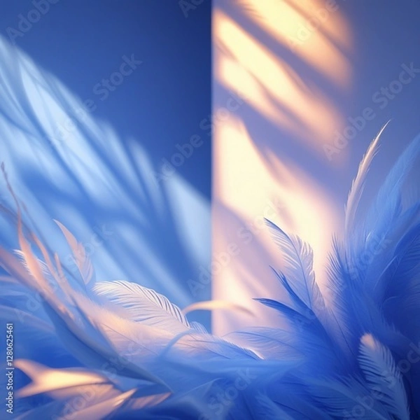 Fototapeta abstract blue background for product presentation with sunlight and blurred shadows wall. Isolated on white background . Generative Ai