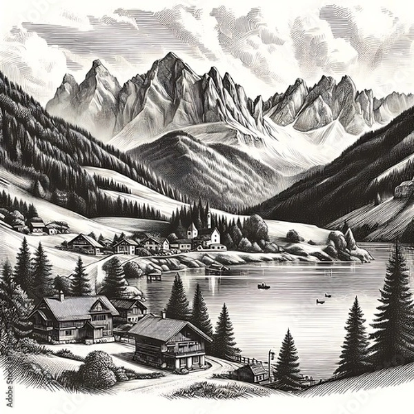 Fototapeta A serene mountain village with traditional houses, a lake with boats, and towering peaks in the background, showcasing a picturesque and tranquil alpine landscape.