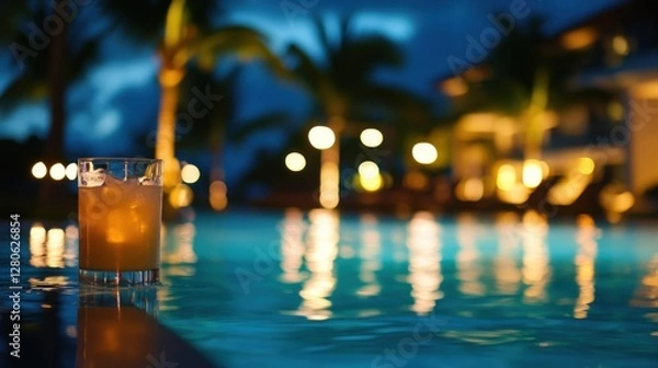 Fototapeta Alcohol consumption at a vibrant poolside bar with margaritas. Featuring pool lights and tropical palms