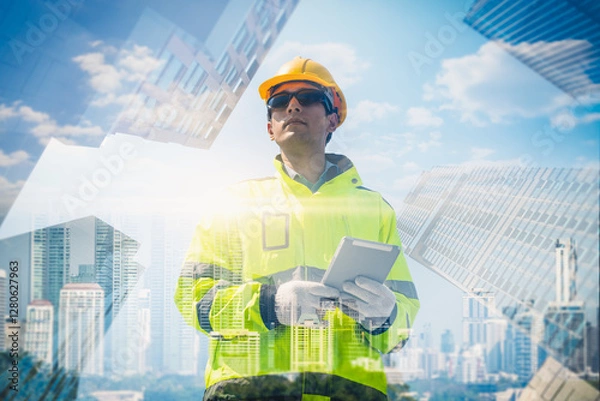 Fototapeta The double exposure image of the engineer thinking overlays with cityscape image with copy space. The concept of engineering, construction, futuristic and industry..