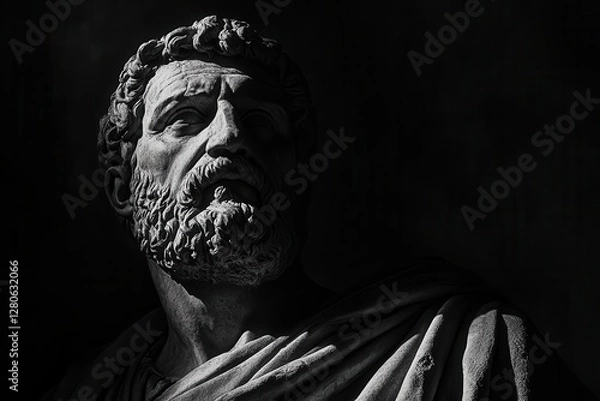 Fototapeta stoic ancient philosopher in dramatic chiaroscuro, deep shadows, weathered face, toga-clad figure against dark background, contemplative expression, high contrast black and white