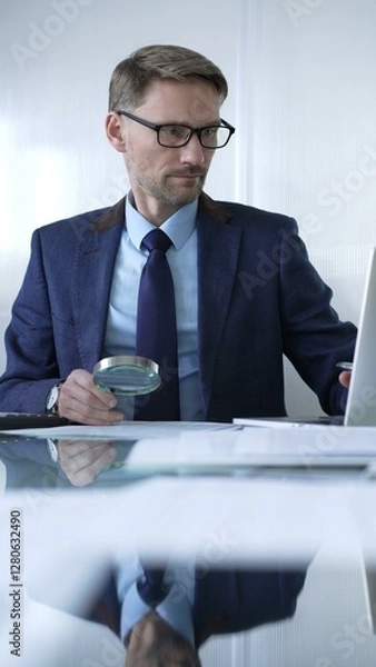 Fototapeta Businessman or accountant, wearing blue suit and glasses, is using magnifying glass and calculator to analyze financial documents in office setting. Audit and taxes in business